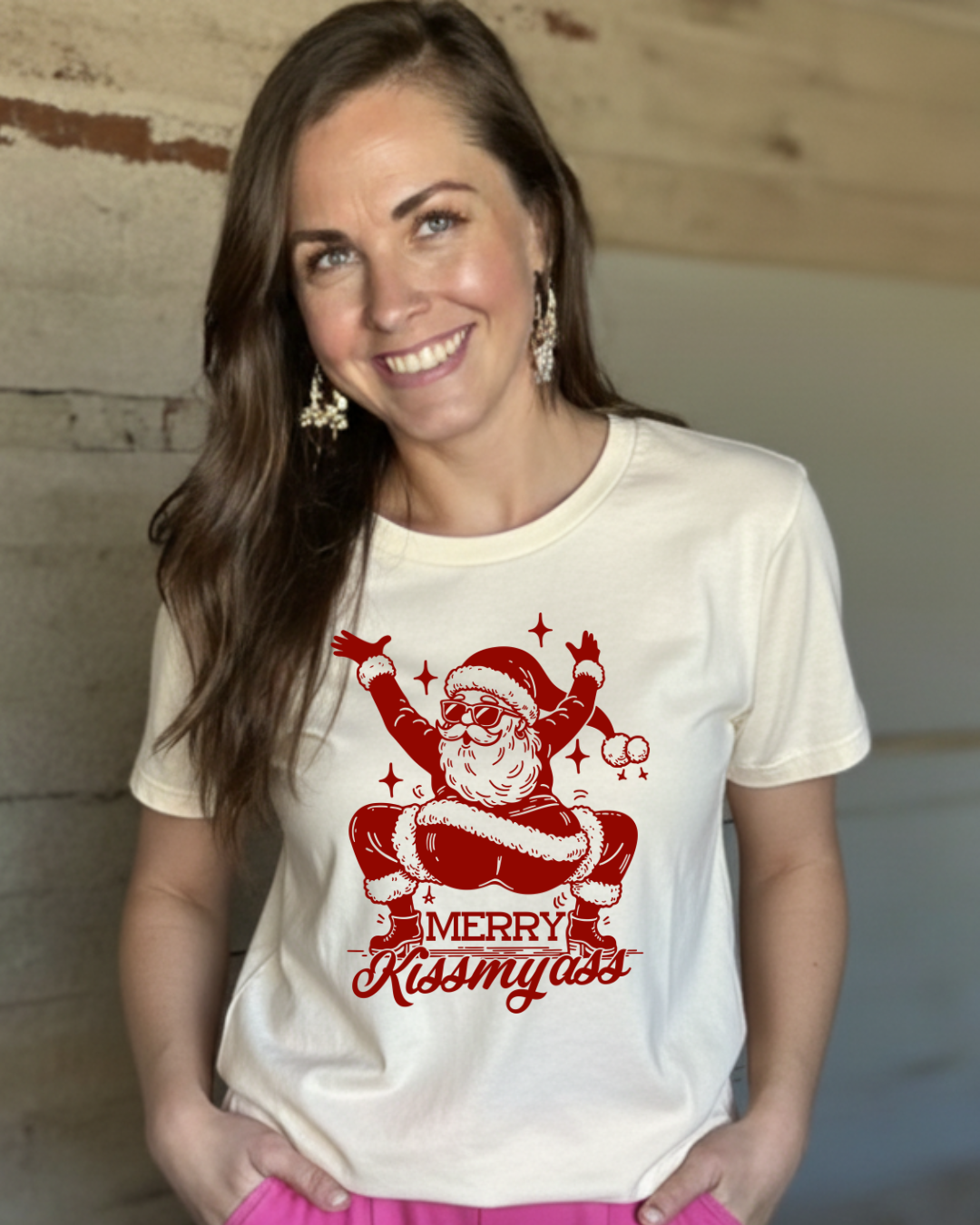 Merry Kissmyass T-Shirt | Funny Santa Holiday Tee | Sassy Christmas Graphic Shirt