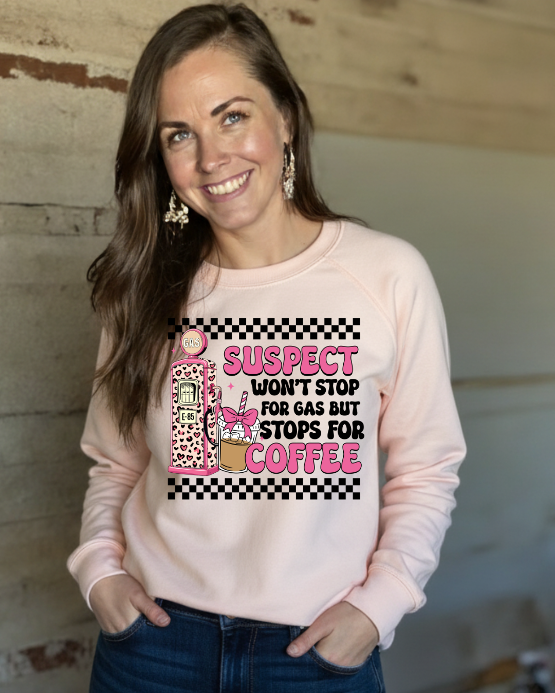 “Suspect Won’t Stop for Gas But Stops for Coffee” Sweatshirt | Funny Coffee Lover Crewneck