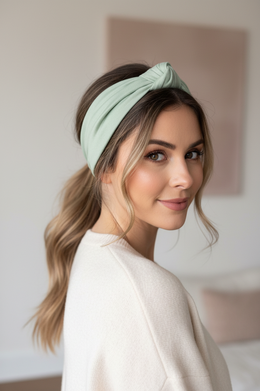 Sage Green Bow Headband for Women - Satin Knotted Headband Hair Accessory