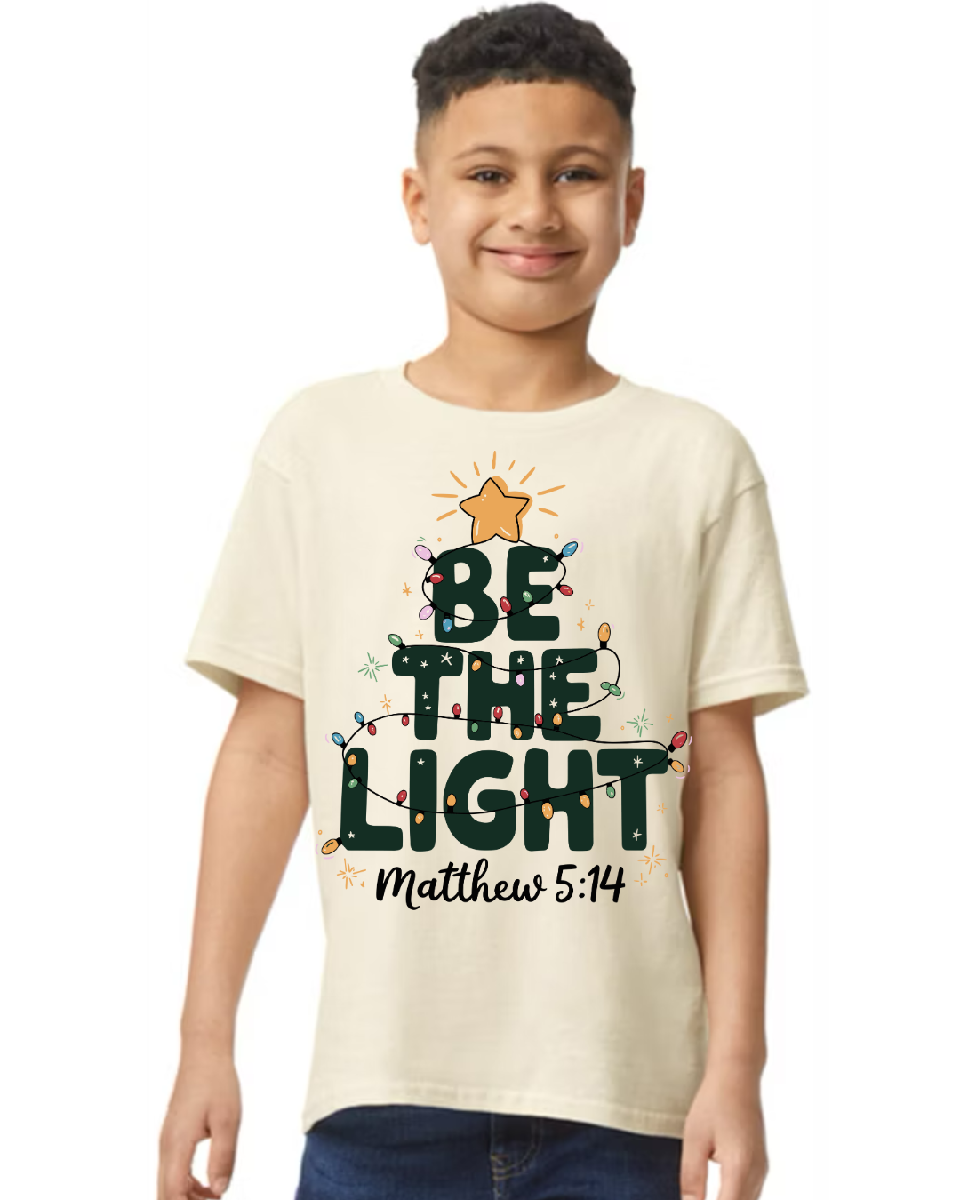 Be the Light Kids Christmas Tee | Matthew 5:14 Scripture Shirt