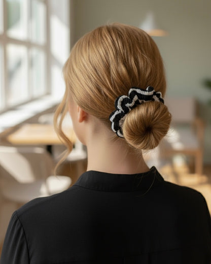 Black & Cream Ribbed Scrunchie | Strong Stretch for Long & Thick Hair