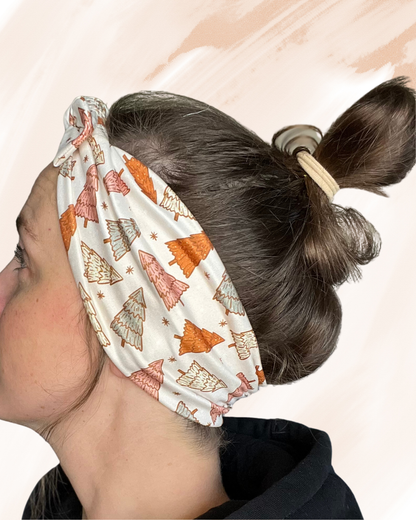 Rustic Christmas Tree Vibes Headband – Creamy Stretch with Removable Bow