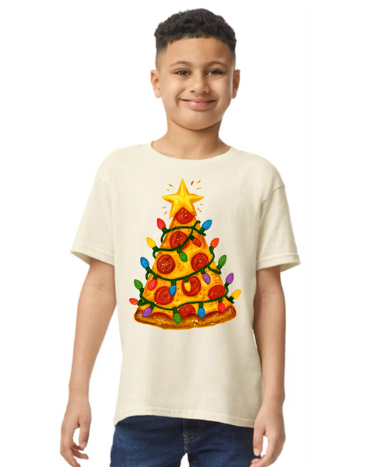 Kids Pizza Christmas Tree Tee | Funny Holiday Food Shirt for Boys & Girls