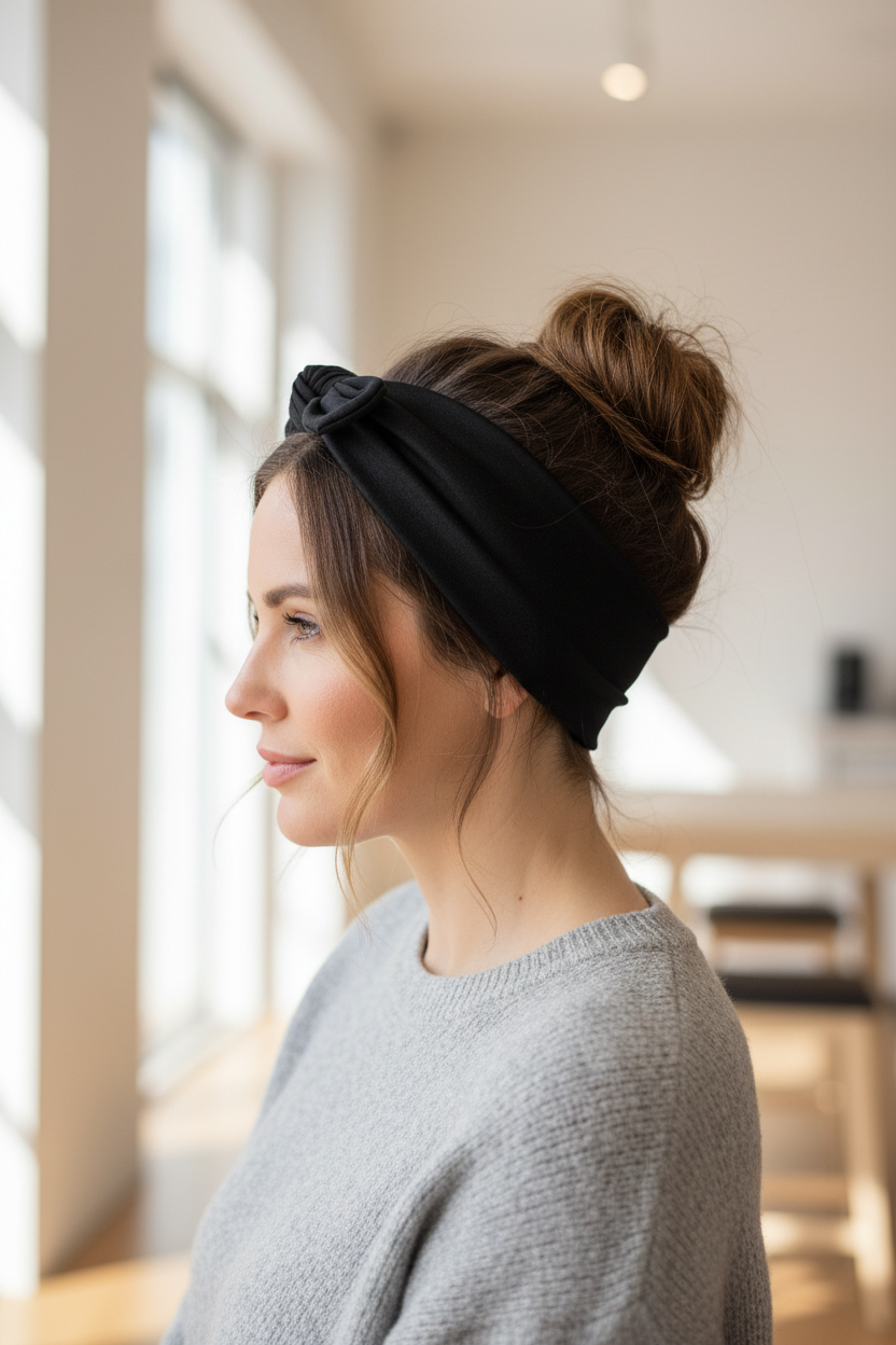 Side view of woman wearing black headband with messy bun