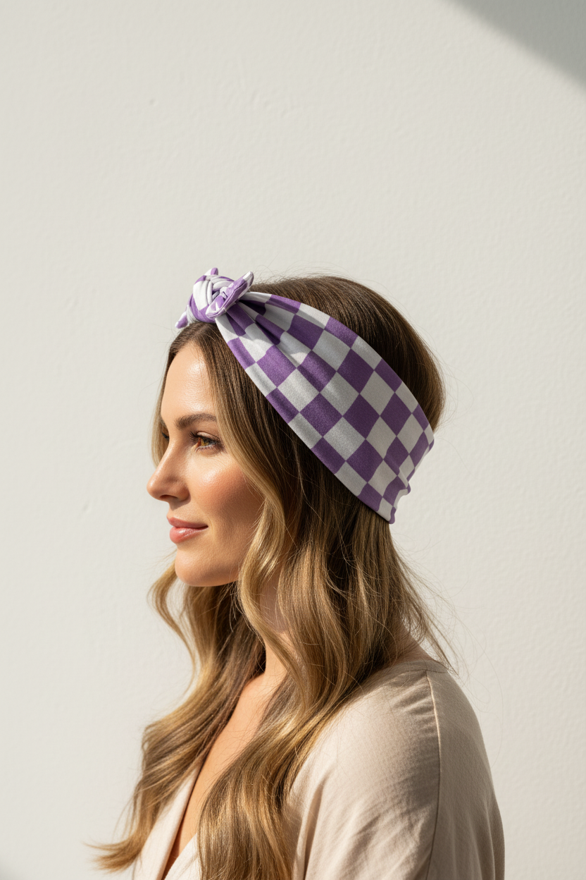 Side view of woman wearing purple checkered headband with hair down