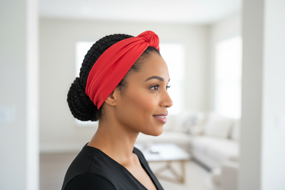 Side view of woman with braids wearing red knotted headband