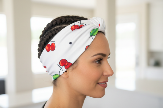 Side view of woman with French braids wearing cherry print headband