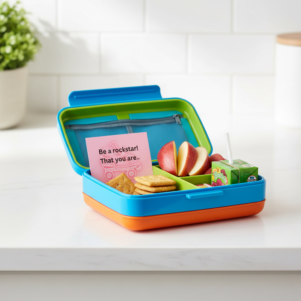 Snack break note card in lunchbox with healthy snacks