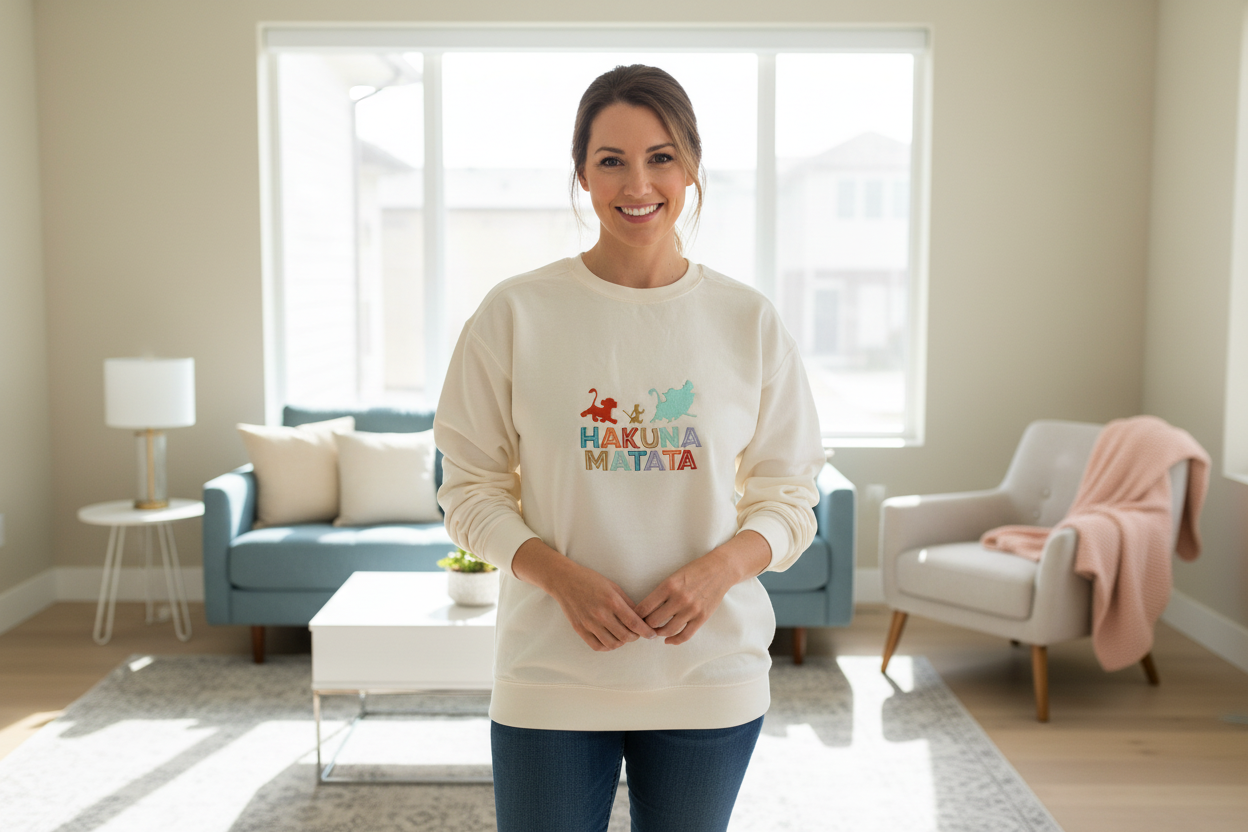 Woman in mid-30s wearing Hakuna Matata crewneck