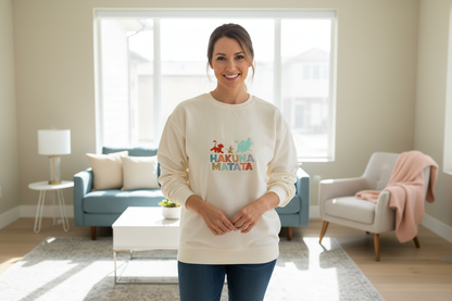 Woman in mid-30s wearing Hakuna Matata crewneck