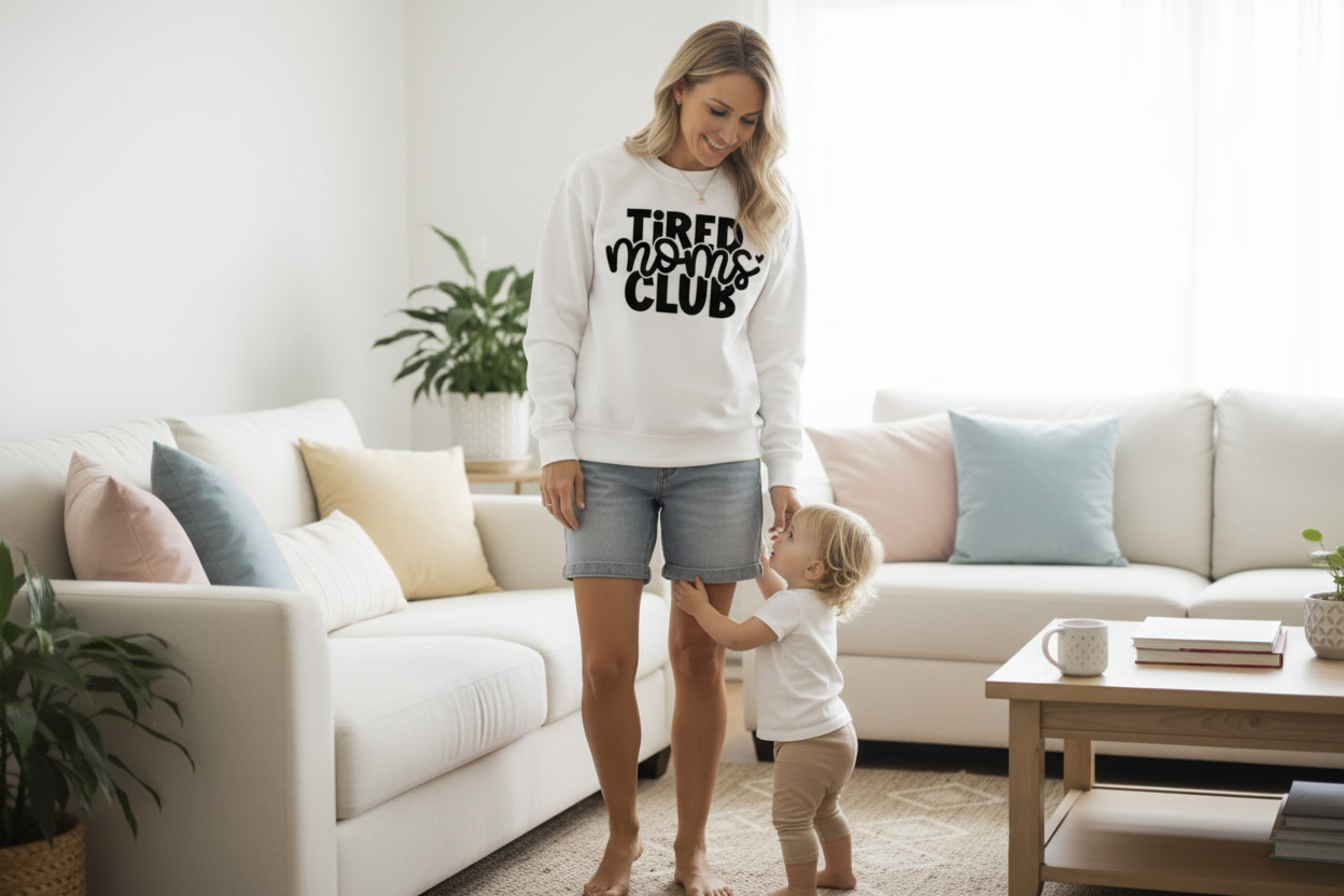 Woman in mid-30s wearing Tired Moms Club crewneck with toddler