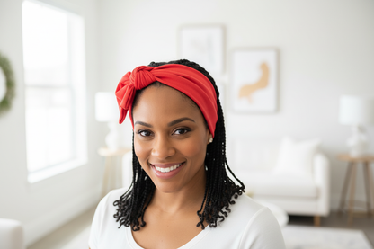 Woman in mid-30s with braids wearing red knotted headband