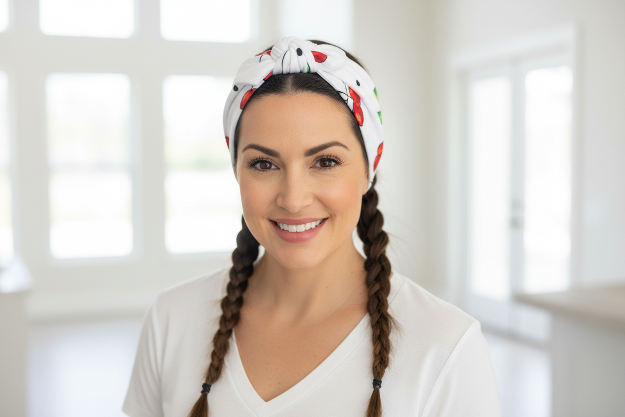 Woman in mid-30s with French braids wearing cherry print headband