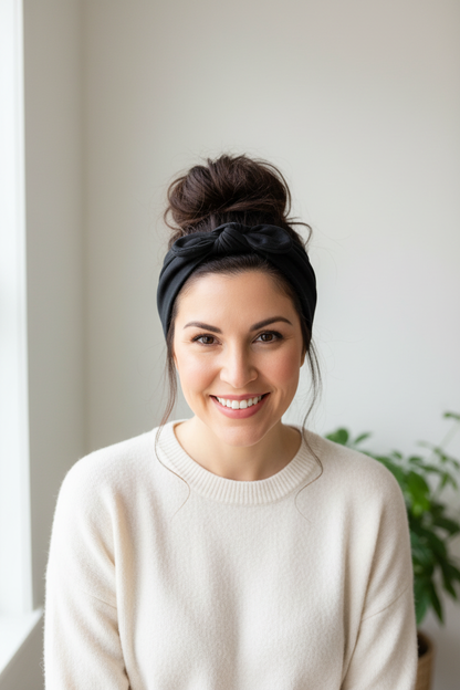 Woman wearing black headband with messy bun