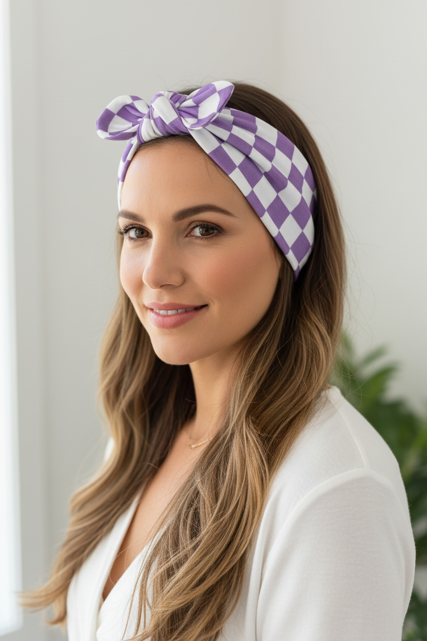 Woman wearing purple checkered headband with hair down