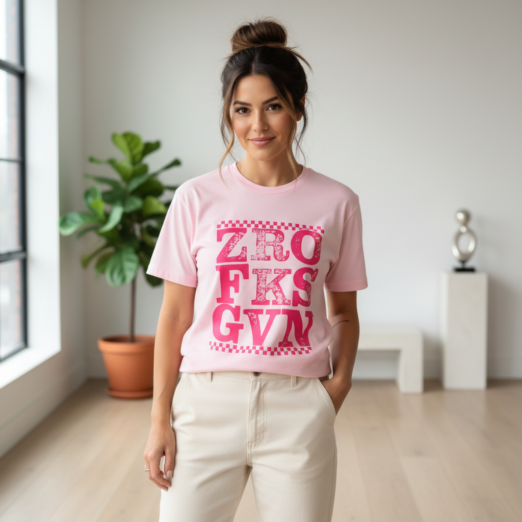 Woman with messy bun wearing Zero F*cks Given t-shirt